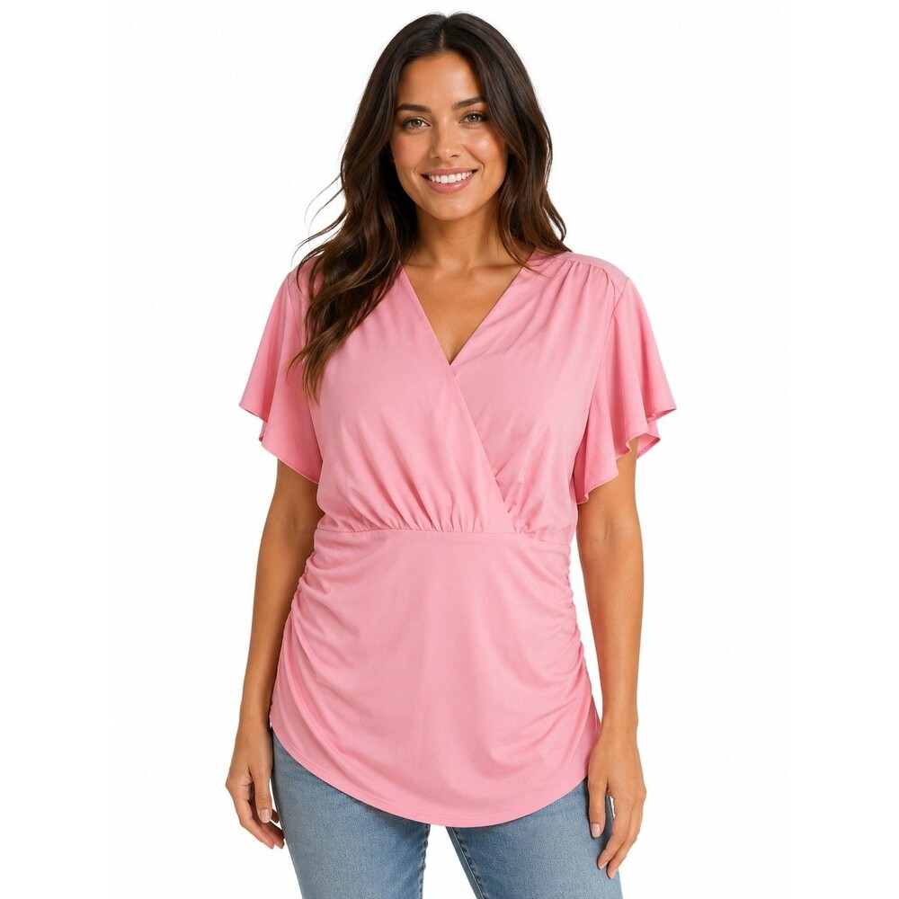 Grace Karin NWT Pink Wrap Blouse Top V Neck Ruffle Sleeve Ruched Dressy Size XL